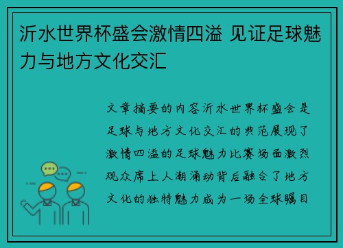 沂水世界杯盛会激情四溢 见证足球魅力与地方文化交汇
